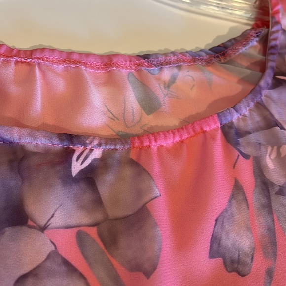 Sheer blouse, L, cotton/polyester,peach and grey floral, lined, 19.50”pit to pit - Picture 2 of 3